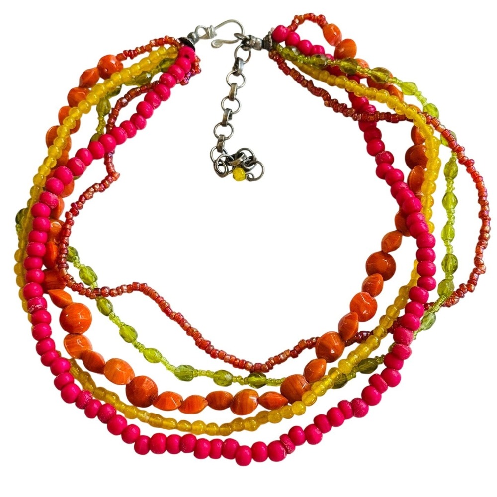 VTG BOHO Y2K Necklace colorful pink Green Glass beads multi Statement chunky 21"
